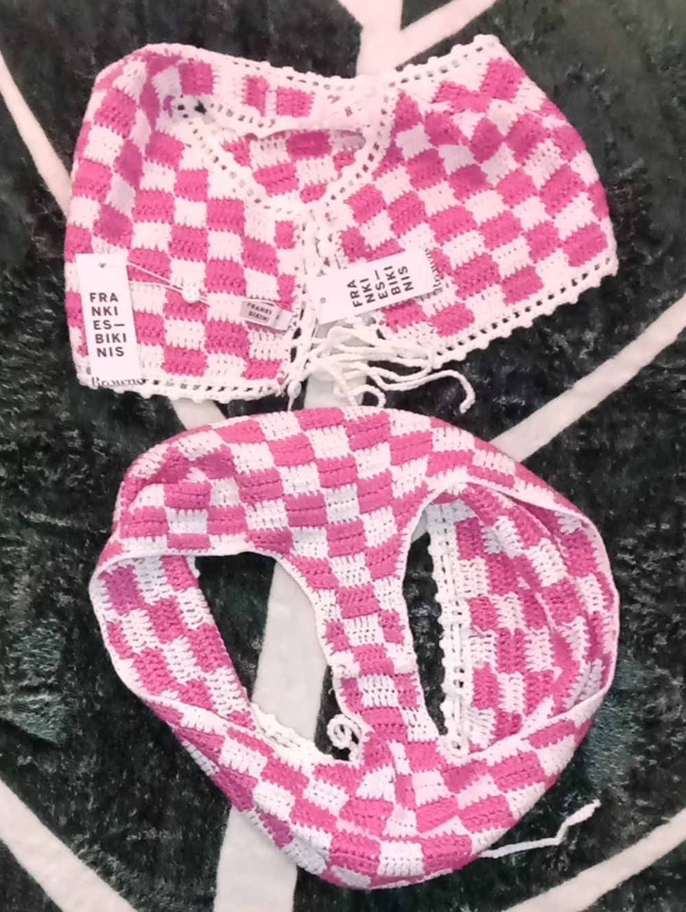 Frankie’s Bikinis NWT SET Pink Checkers Crochet Bikini Ingred Top
